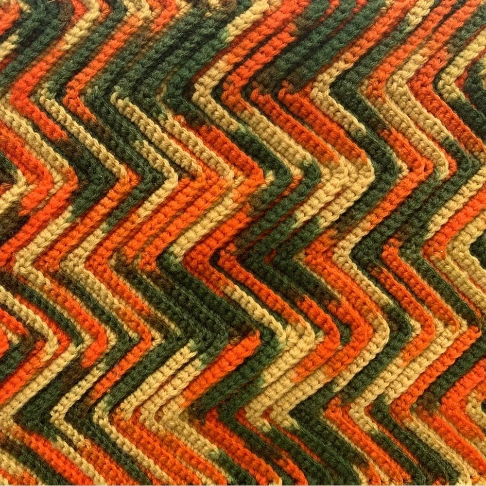 Vintage Afghan Throw Blanket Crochet Square Zig Zag Ripple Chevron 85” x 50”